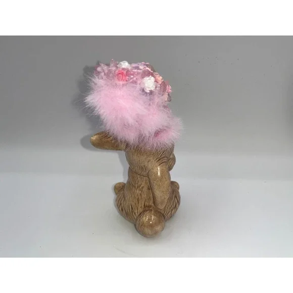 Vintage Ceramic Sitting Pretty Easter Bunny Poof Faux Fur Flower Hat Deb O. OOAK - Picture 9 of 16